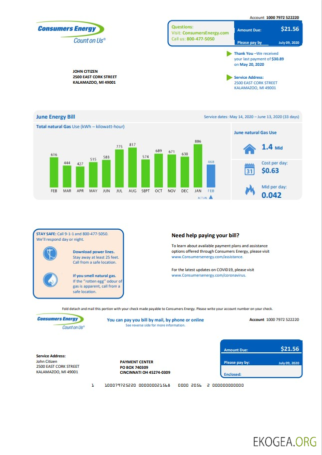 USA Michigan Consumers Energy utility bill template in Word and PDF format